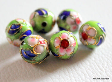 5 x Cloisonné Green, Red, Blue and Pink Round Beads 12mm
